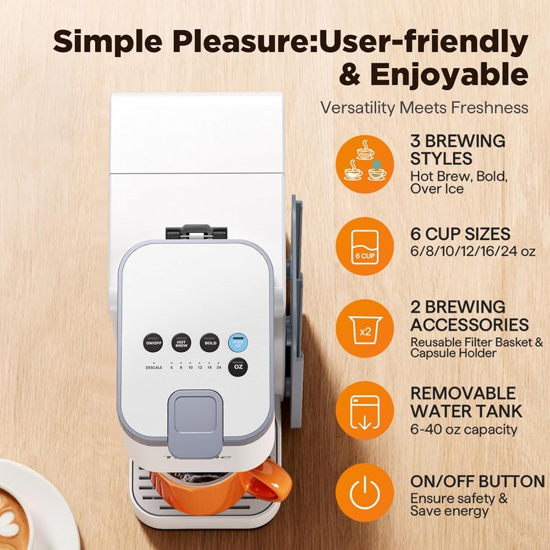Tastyle Hot & Iced Coffee Maker with Magnetic K-Pod Organizer (Pods Not Included), Stores 10 Pods, 4-5 Cups Coffee Maker & Single-serve Brewer for K Cup & Grounds, 40oz Removable Water Tank, White - Image 2